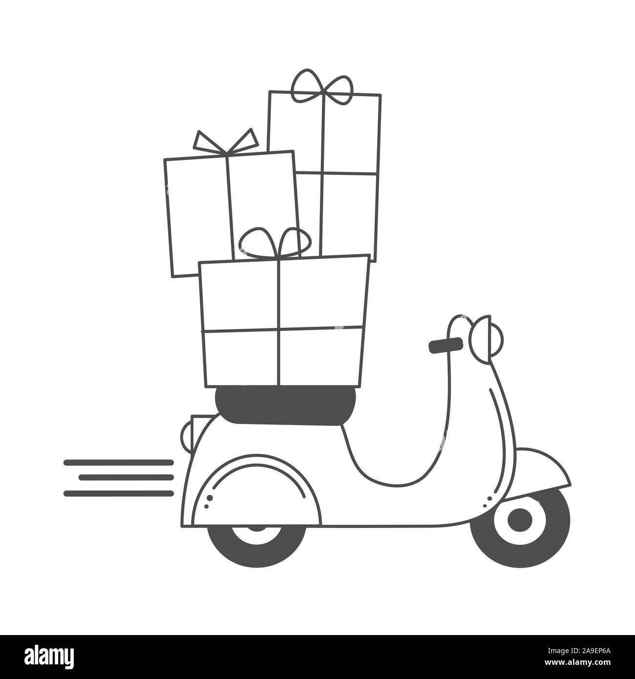 cute holidays vector cartoon with scooter motorcycle and christmas gift box funny illustration for coloring art Stock Vector