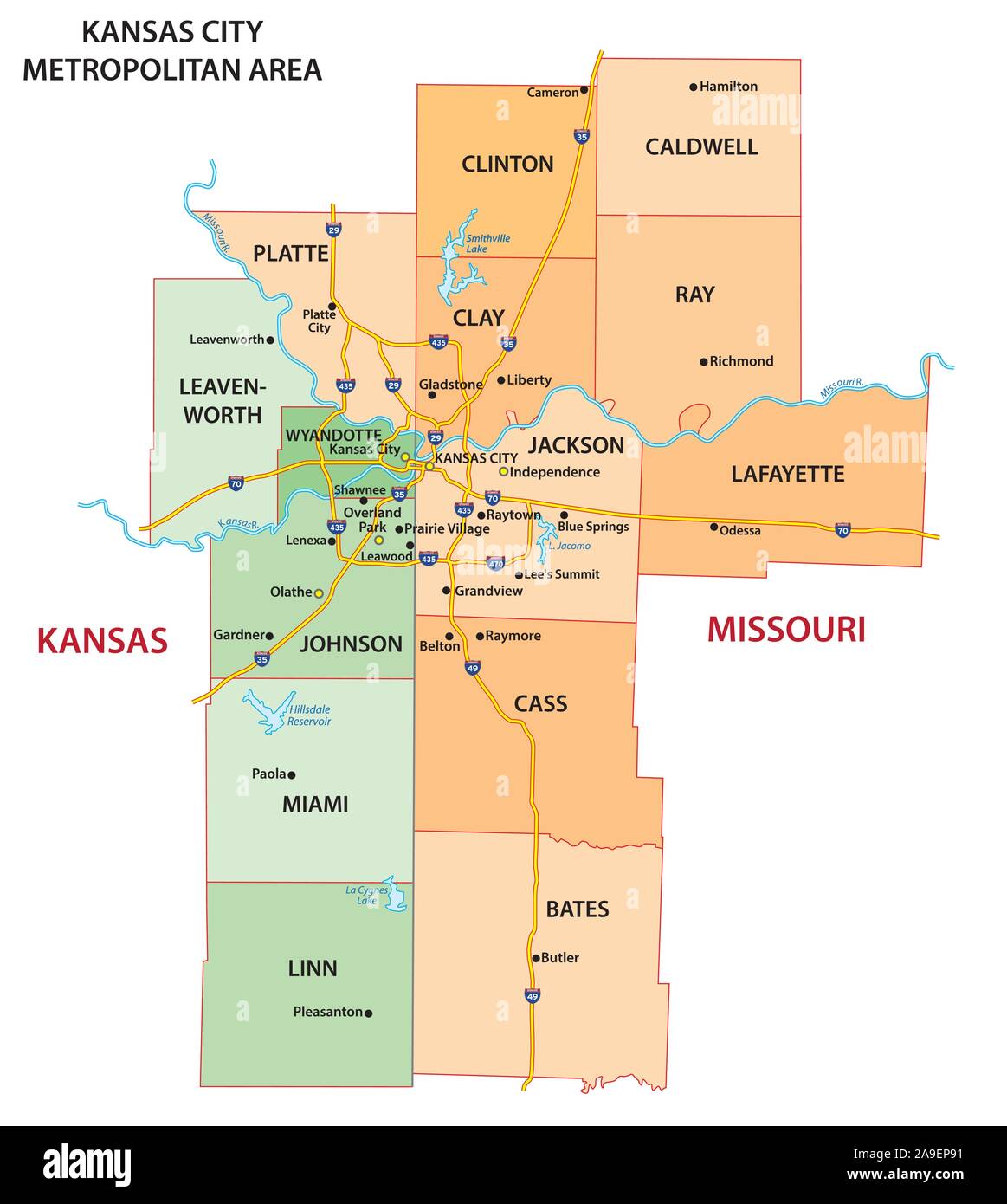 Map of the Kansas City Metropolitan area in Kansas and Missouri Stock Vector
