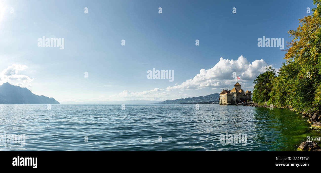 Lake Geneva with Chillon Castle Stock Photo