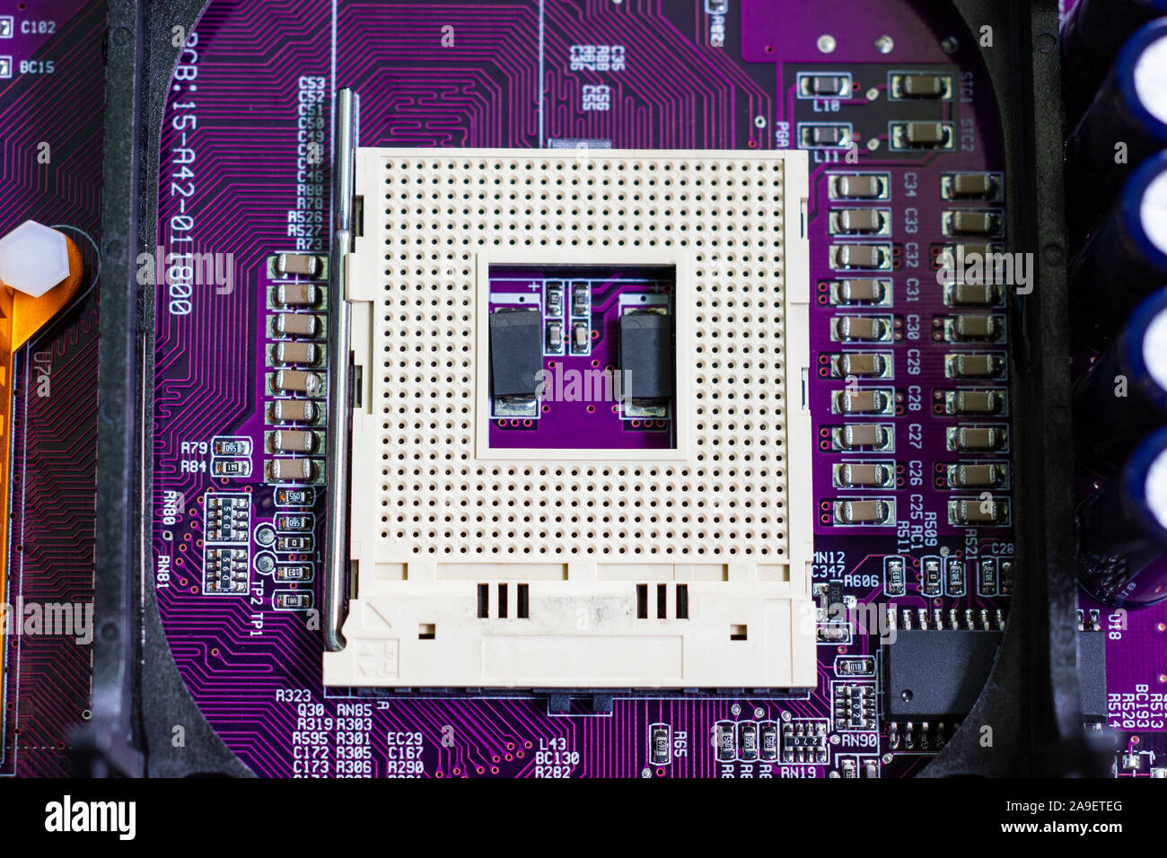 CPU socket of computer mainboard, the processing unit of microcomputer Stock Photo