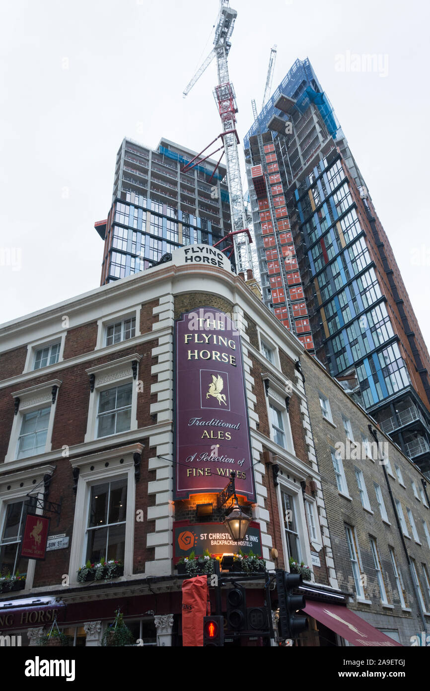 The Flying Horse public house and One Crown Place, Stock Photo
