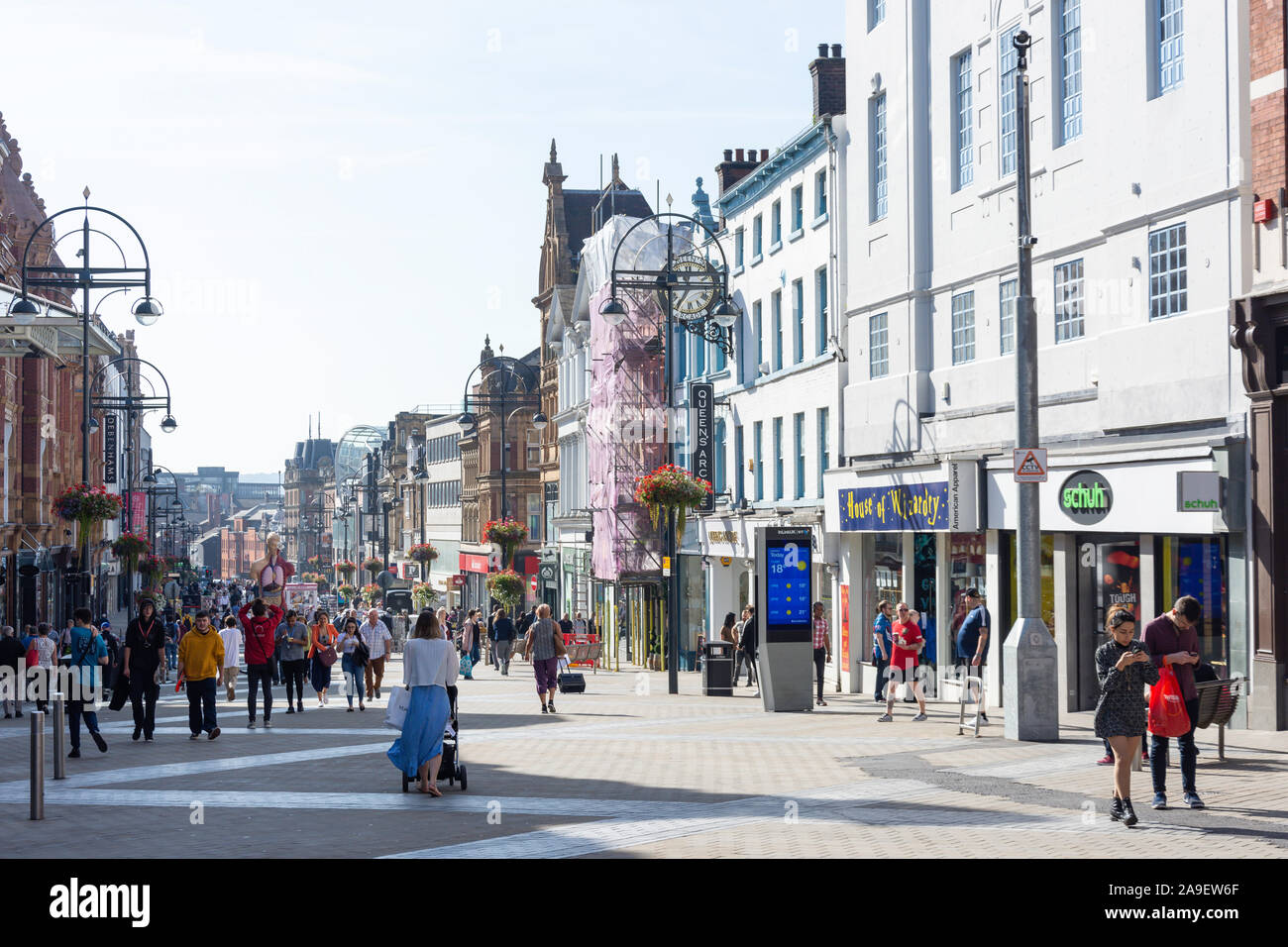 Pedestrianised Briggate shopping street, Leeds, West Yorkshire, England, United Kingdom Stock Photo