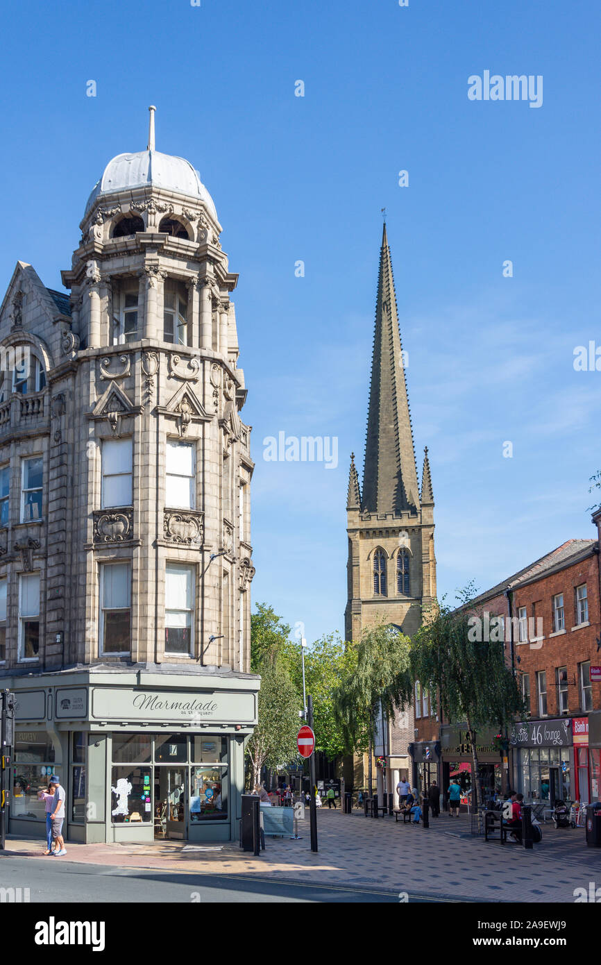 Cross Square from Bull Ring showing Wakefield Cathedral, Wakefield, West Yorkshire, England, United Kingdom Stock Photo