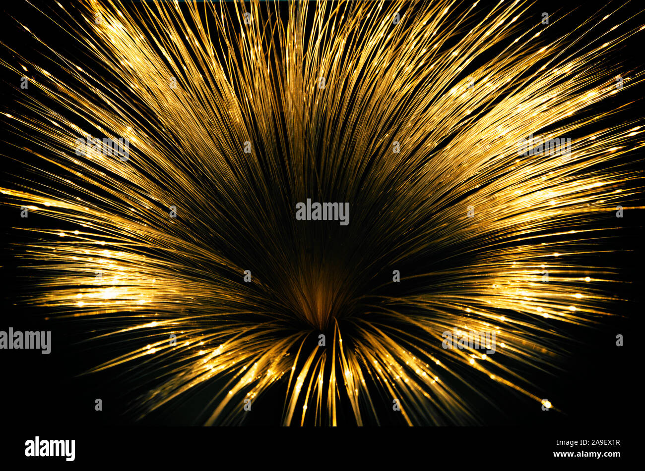 Gilded iridescent led threads radiating in all directions and forming a funnel on a black background Stock Photo