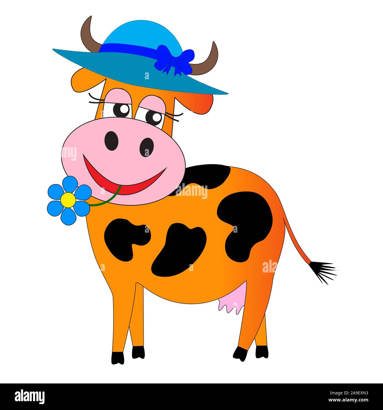 Cute and kind cow with a hat on isolated white background Stock Vector