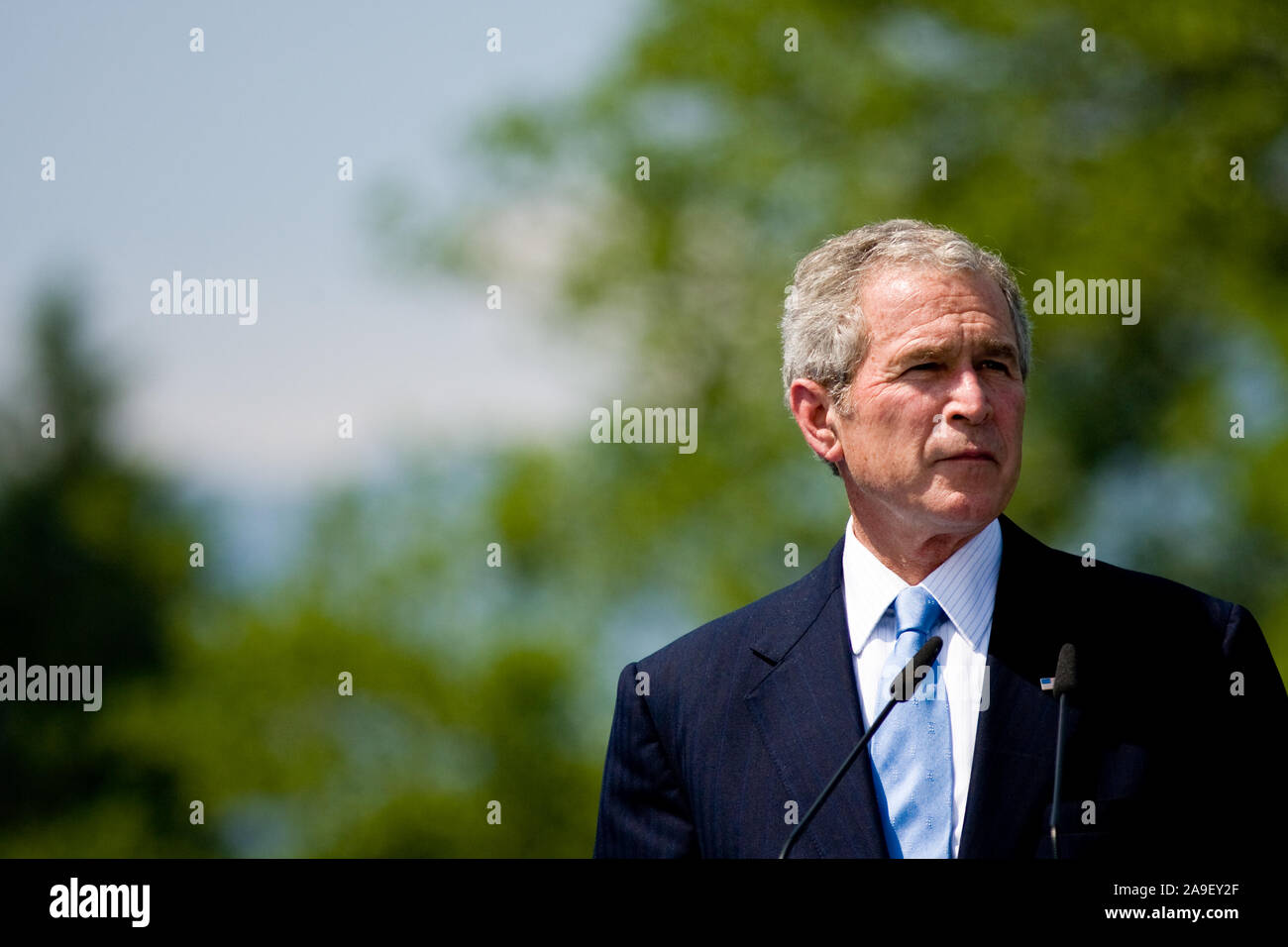 Brdo, Kranj, Slovenia, June 10, 2008: The States President George W. Bush speaks at a press conference at during the EU-US Summit in 2008. Stock Photo