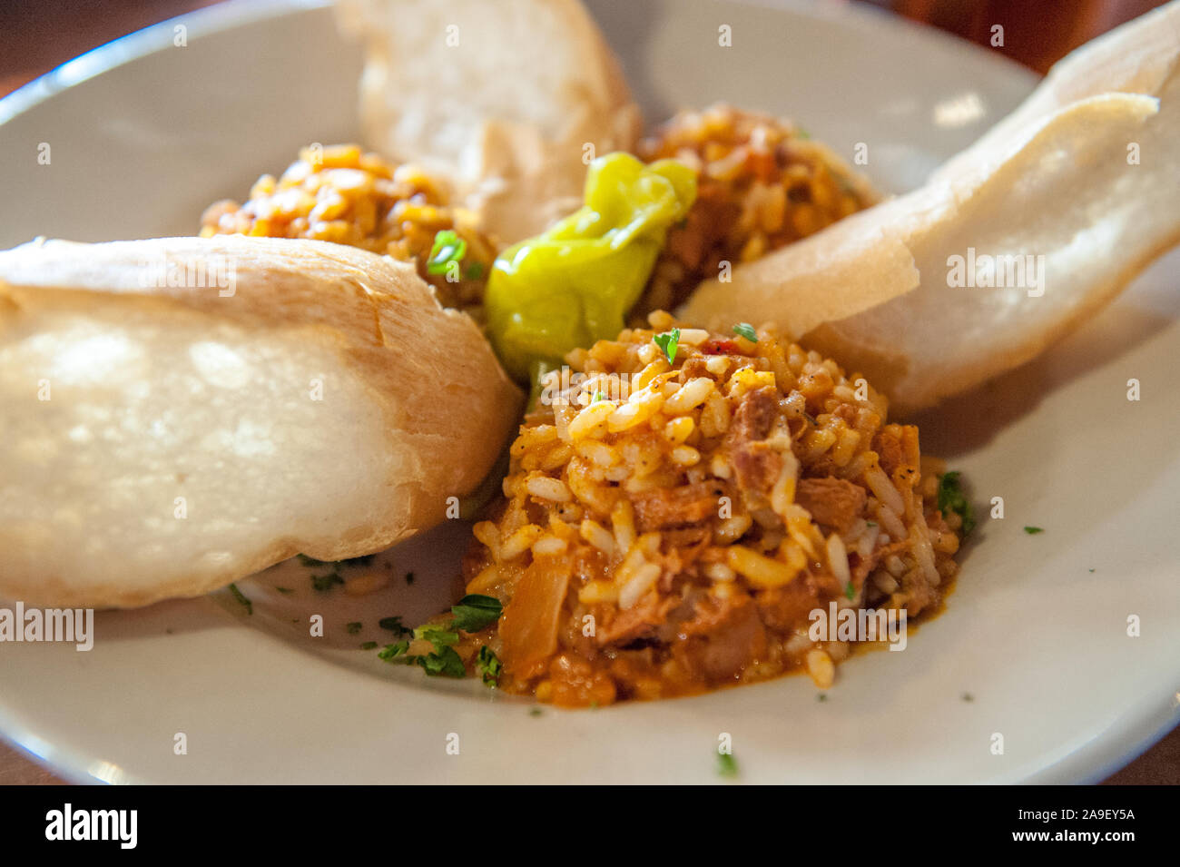 Jambalay served at a restaurant in the French Quarter of New Orleans. Stock Photo