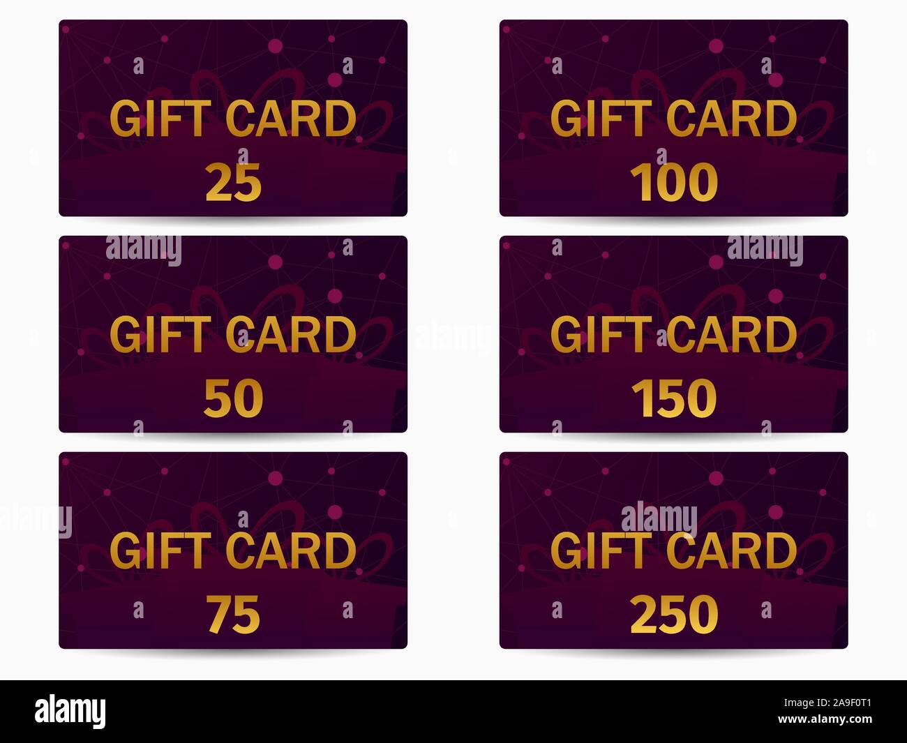 Gift card set. Golden text on burgundy color gradient background. The
