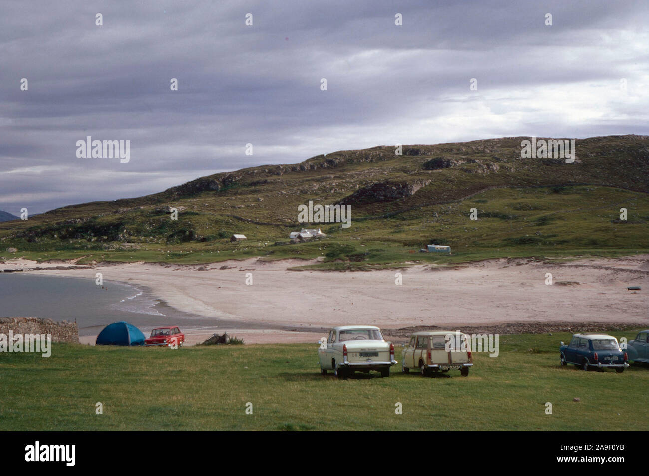 Campers at Mellon Udrigle beach in 1965, Wester Ross, North west highland Scotland, UK Stock Photo