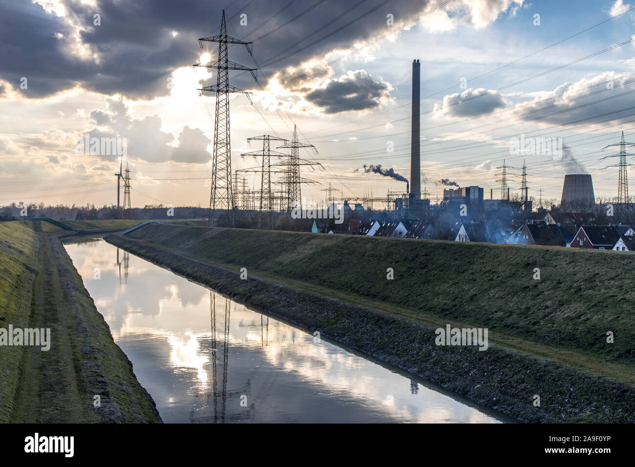 The river Emscher, canalised, in Essen-Karnap, on the right the RWE ...
