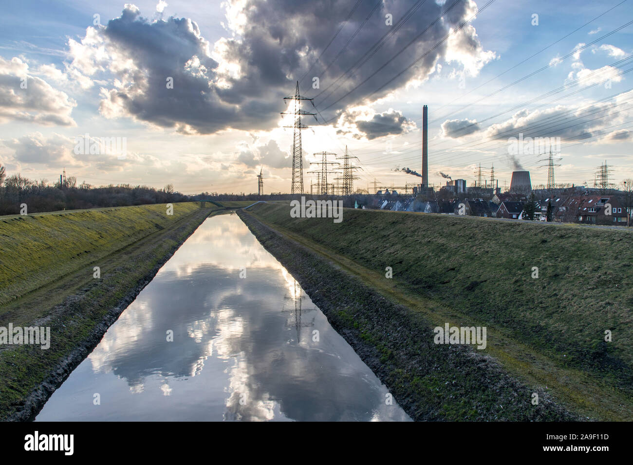 The river Emscher, canalised, in Essen-Karnap, on the right the RWE ...