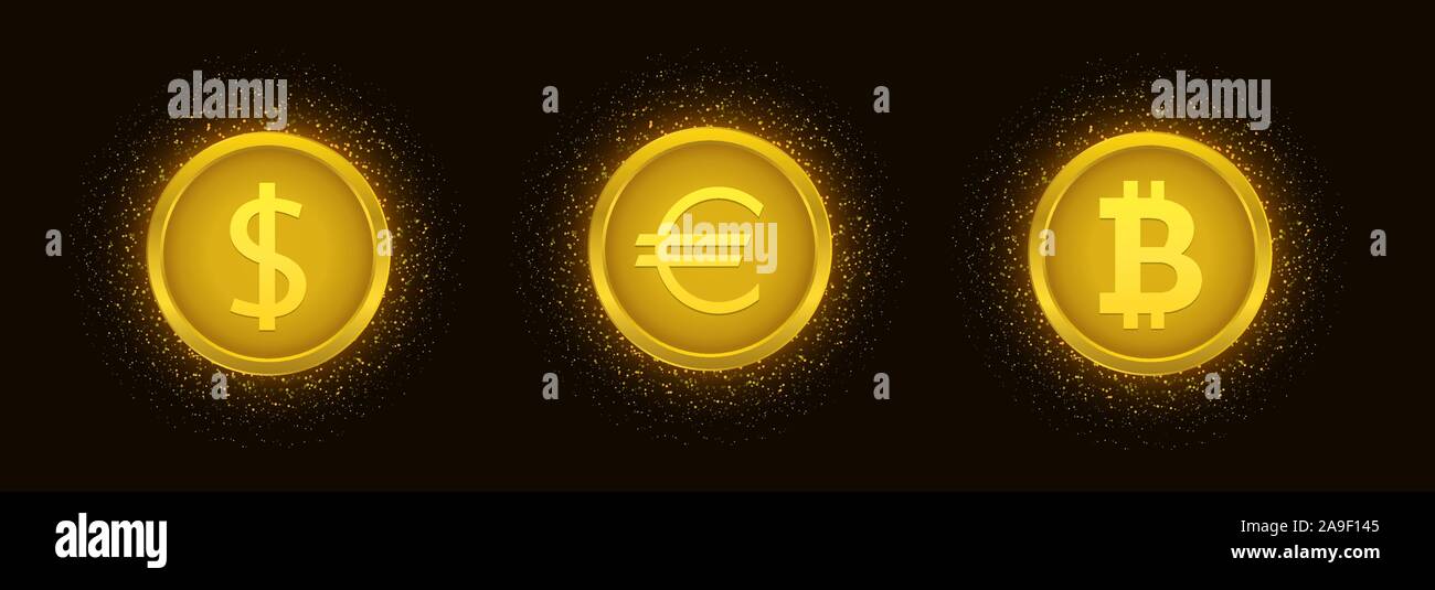 Golden euro dollar bitcoin coins Stock Vector