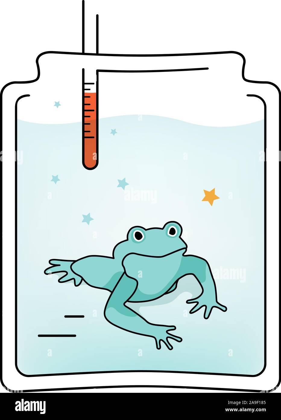 Illustration Boiling Frog in a glass jar effect, gradually slowly ebullience water, psychological metaphoric concept of long suffering syndrome Stock Vector