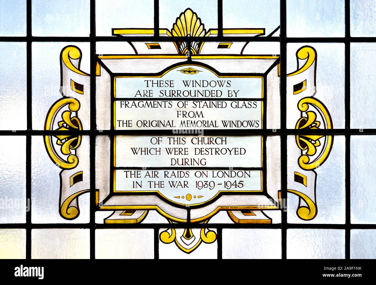 London, UK. St Marylebone Parish Church, Marylebone Road. Stained glass window: window explaining that others have been put together from fragments of Stock Photo