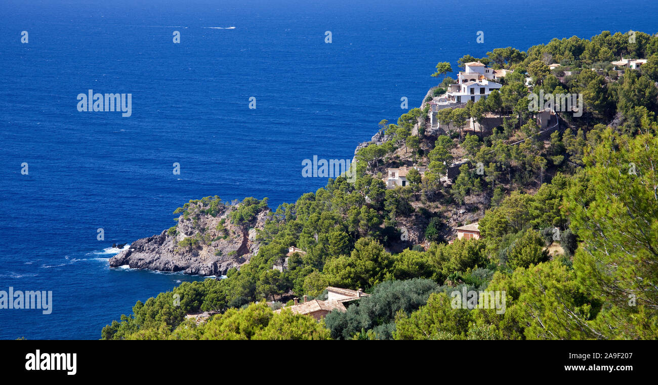 Finca at the rocky coast of Soller, Mallorca, Balearic islands, Spain Stock Photo