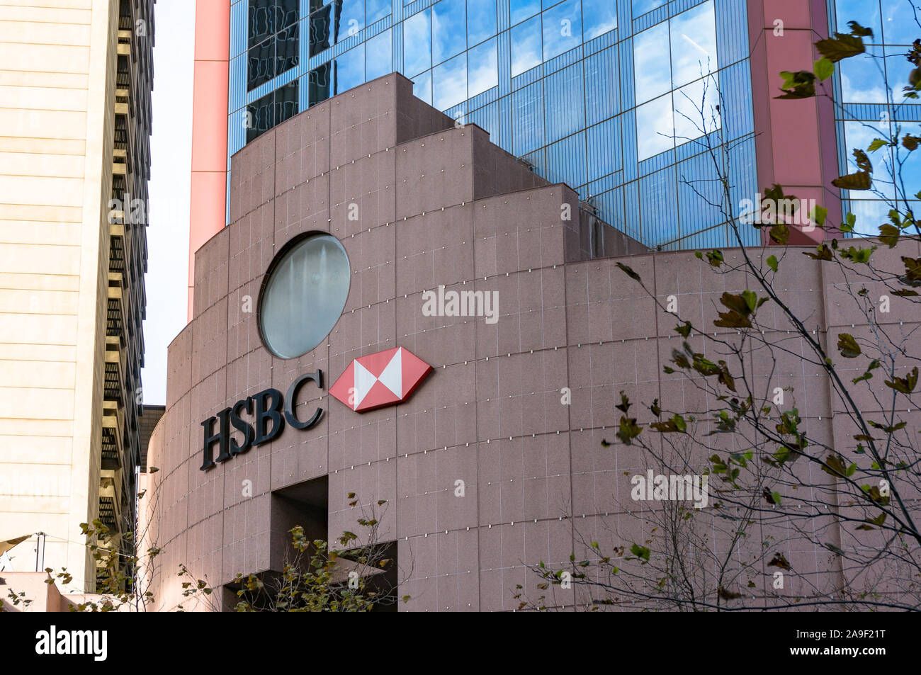 Sydney, Australia - August 4, 2013: HSBC logo on HSBC headquarters building in Sydney Central Business District Stock Photo
