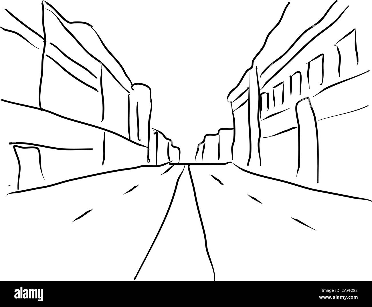 Sketch illustration, street, road. Flat style. Urban architecture, city graphic. Vintage design Stock Vector