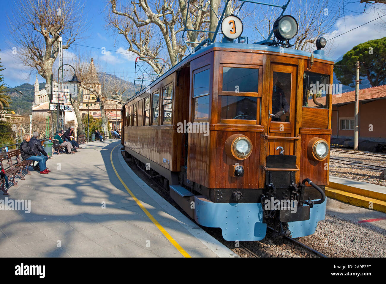 "Red Flash", a nostalgic tram at Soller, Mallorca, Balearic islands, Spain Stock Photo