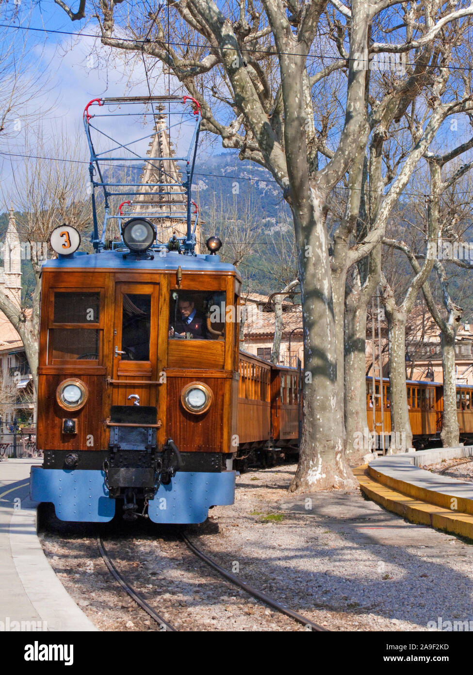 'Red Flash', a nostalgic tram at Soller, Mallorca, Balearic islands, Spain Stock Photo