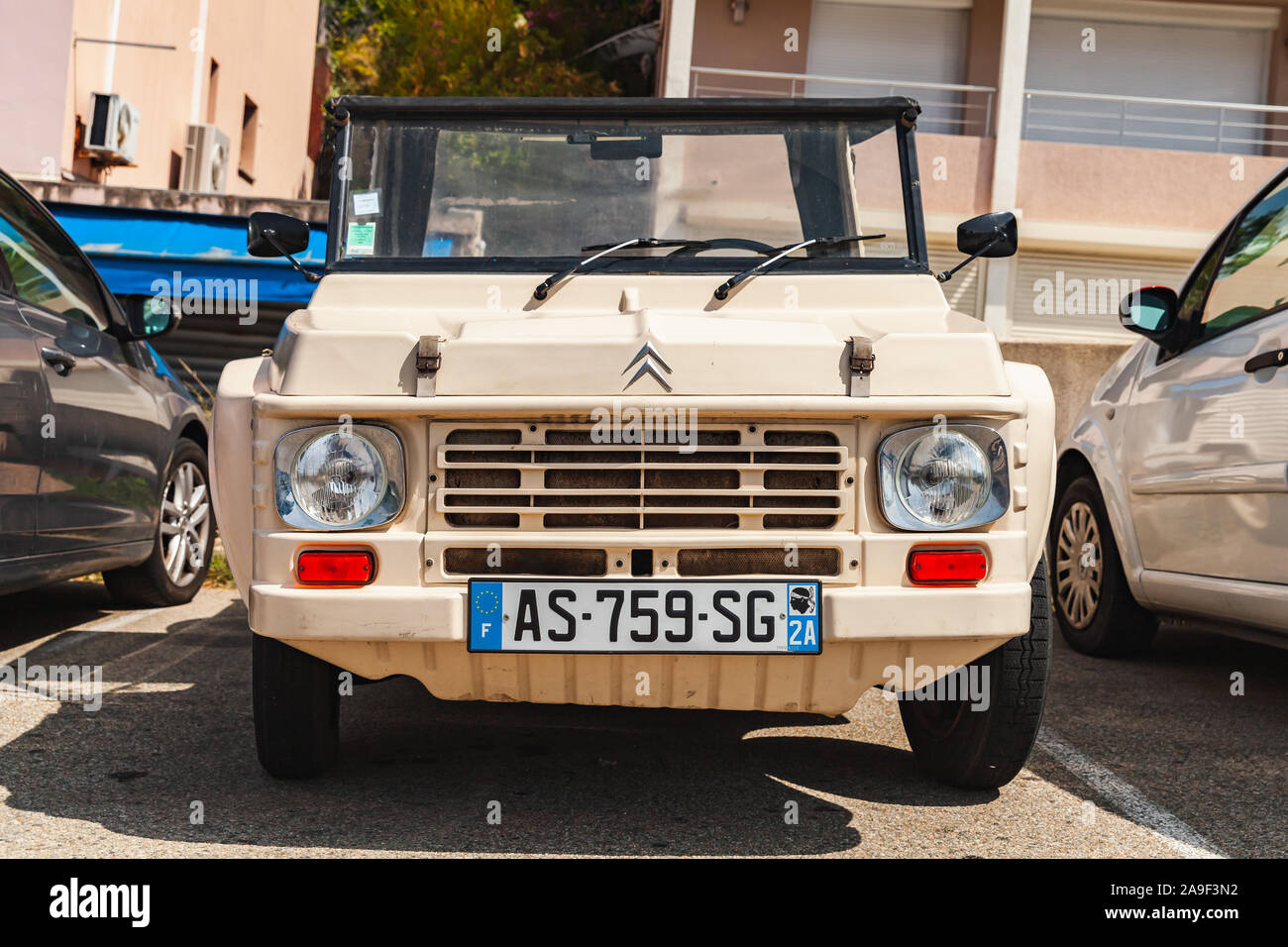 Ajaccio, France - August 25, 2018: Beige Citroen Mehari car stands parked on a street in France, close-up front view Stock Photo