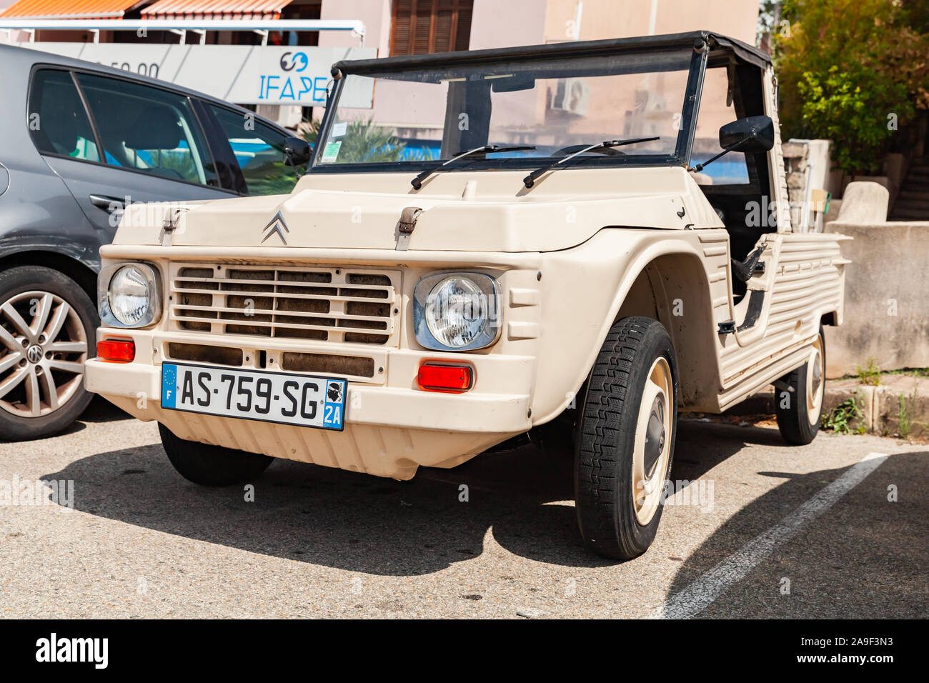 Ajaccio, France - August 25, 2018: Beige Citroen Mehari car stands parked on a street in France, close-up photo Stock Photo