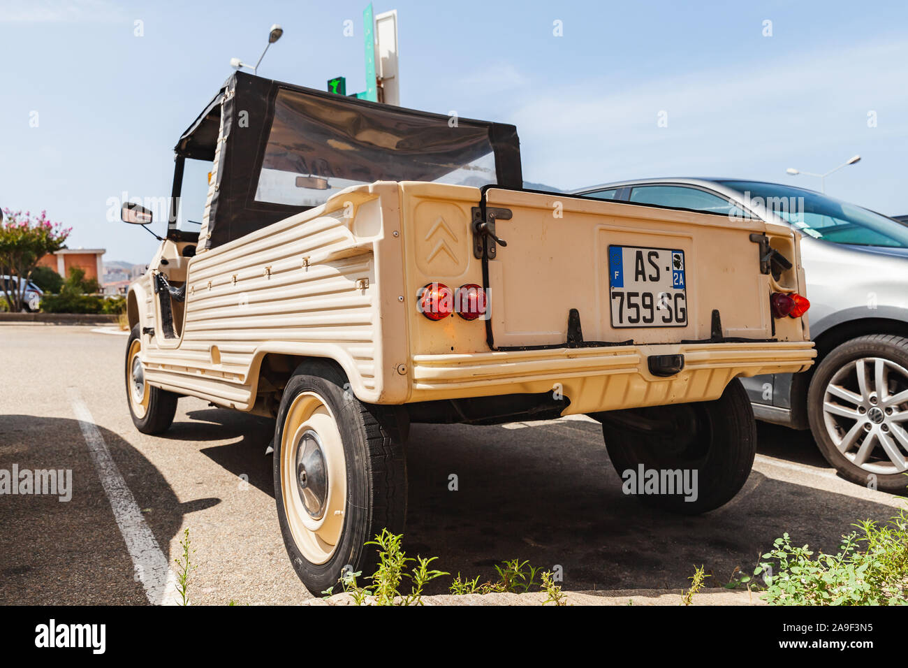 Ajaccio, France - August 25, 2018: Beige Citroen Mehari car stands parked on a street in France, rear view, close-up photo Stock Photo