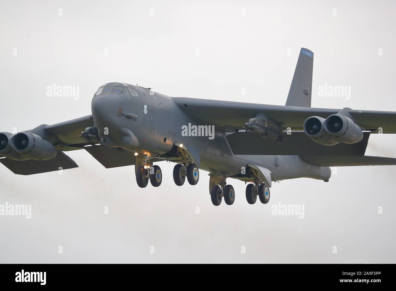 Eight-engine Boeing B-52 Stratofortress strategic bomber returning from a training mission at RAF Fairford, UK Stock Photo