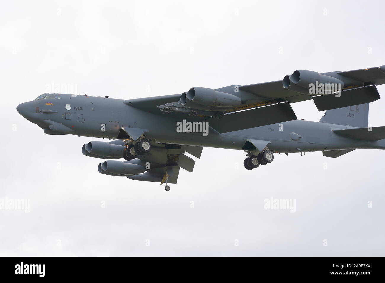 Eight-engine Boeing B-52 Stratofortress strategic bomber returning from a training mission at RAF Fairford, UK Stock Photo