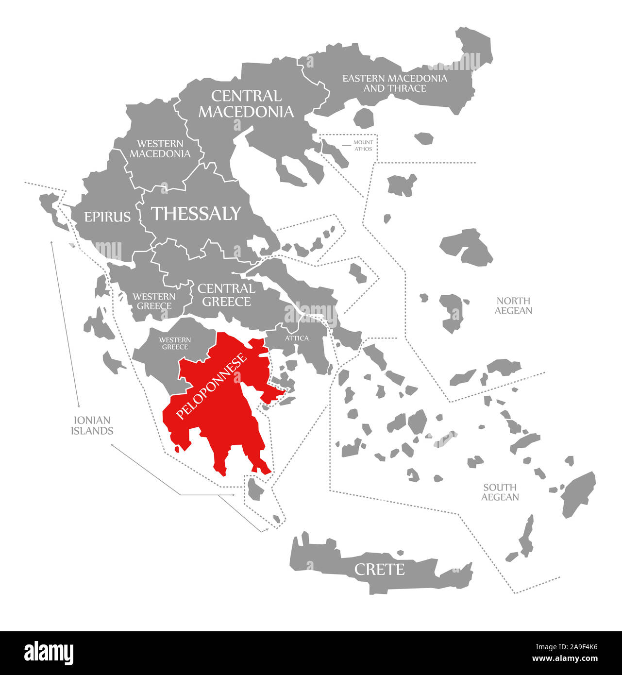 Peloponnese red highlighted in map of Greece Stock Photo - Alamy