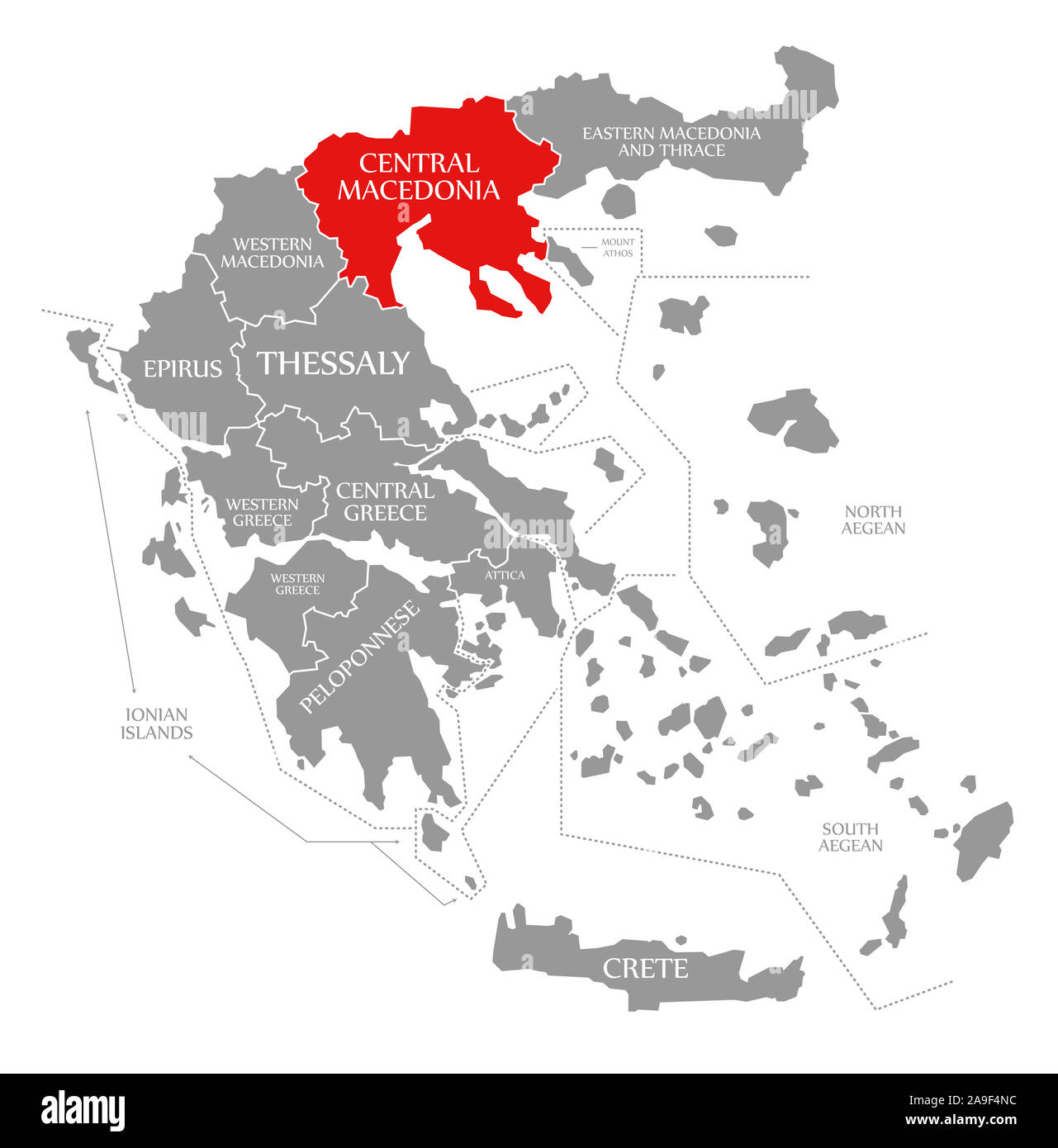 Central Macedonia red highlighted in map of Greece Stock Photo