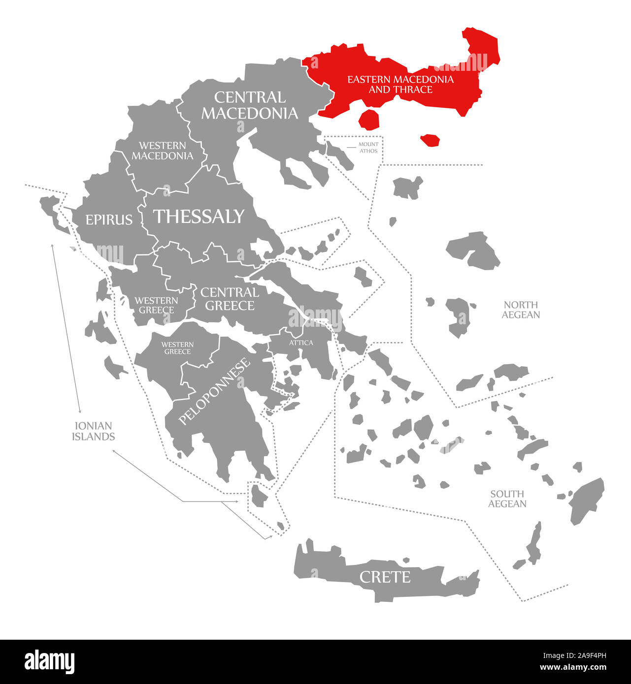 Eastern Macedonia and Thrace red highlighted in map of Greece Stock
