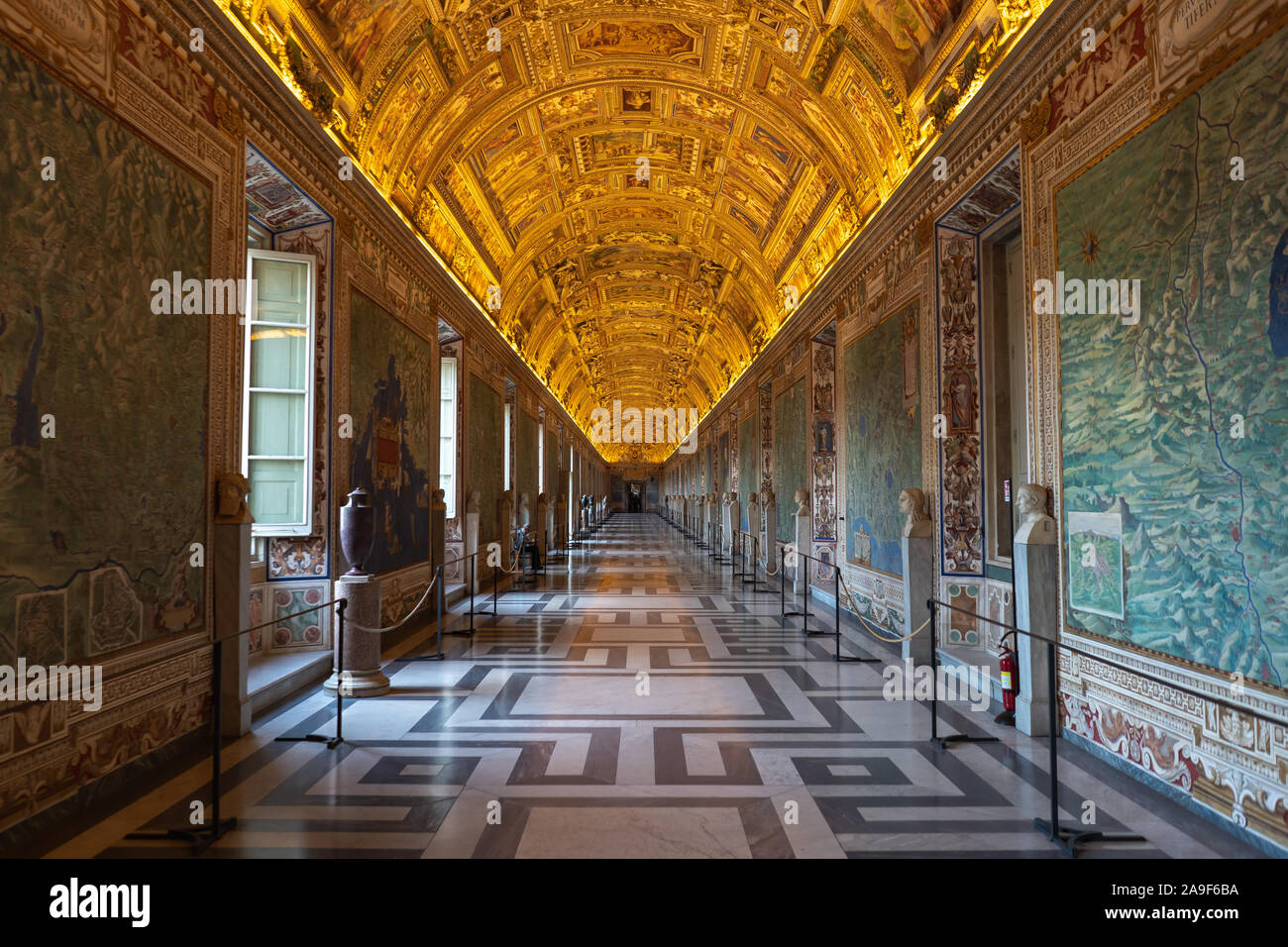The Gallery of Maps inside of the Vatican Museums with no people. Vatican Museum without crowds of tourists. Stock Photo