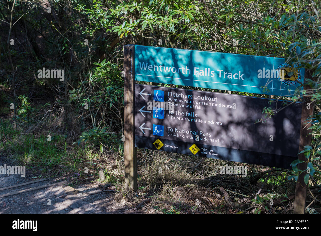 Wentworth Falls track sign with directions and hiking information. New