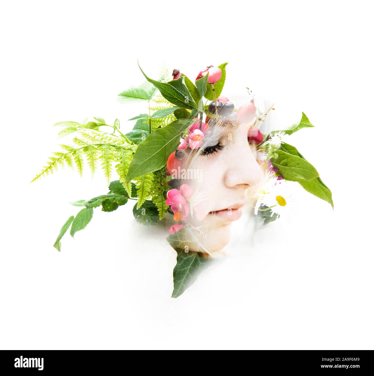 Girl portrait with plants, double exposure, Stock Photo