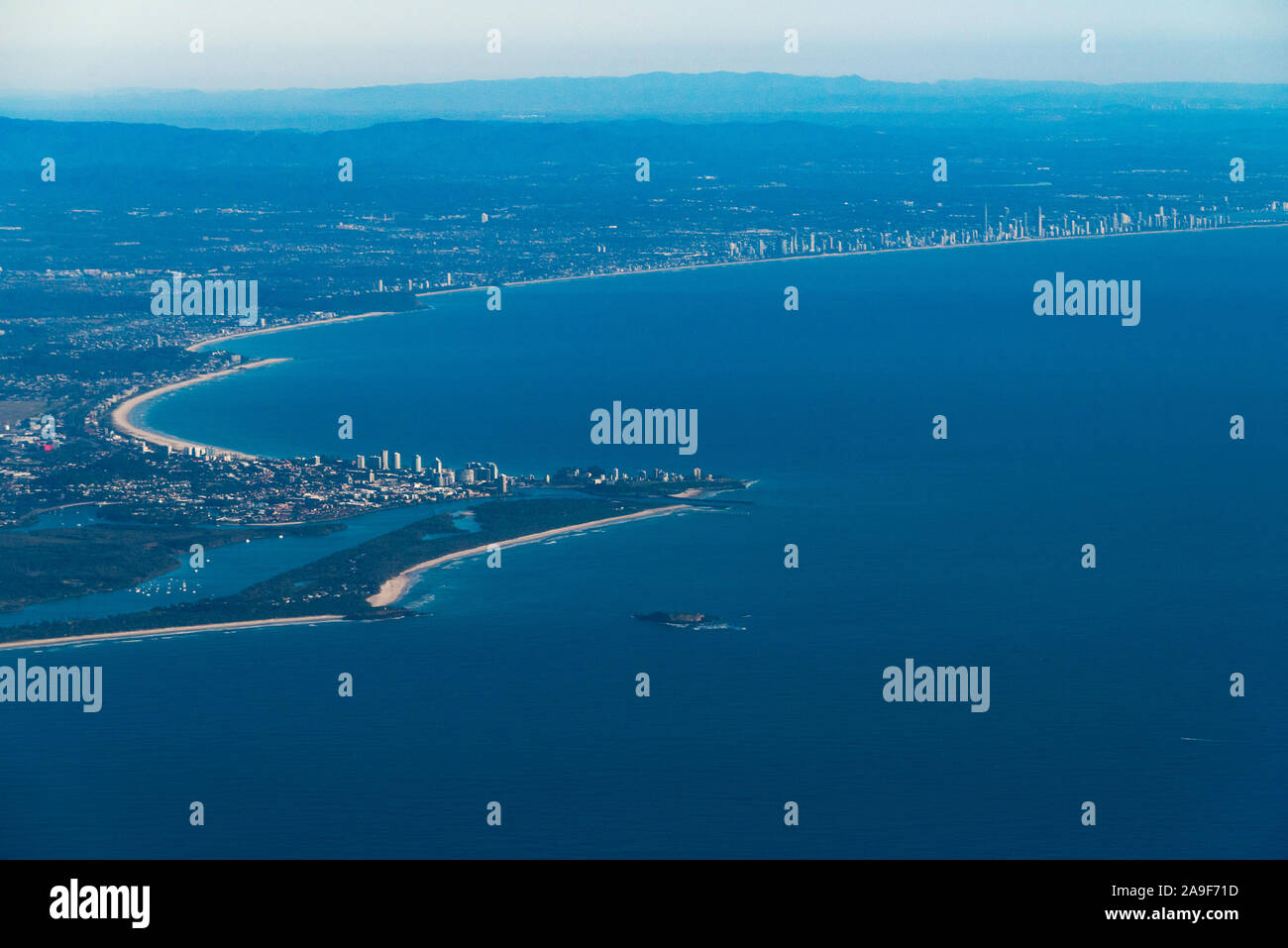 Aerial view of border between Australian states New South Wales and Qweensland with view of Coolangatta and Gold Coast, Australia Stock Photo
