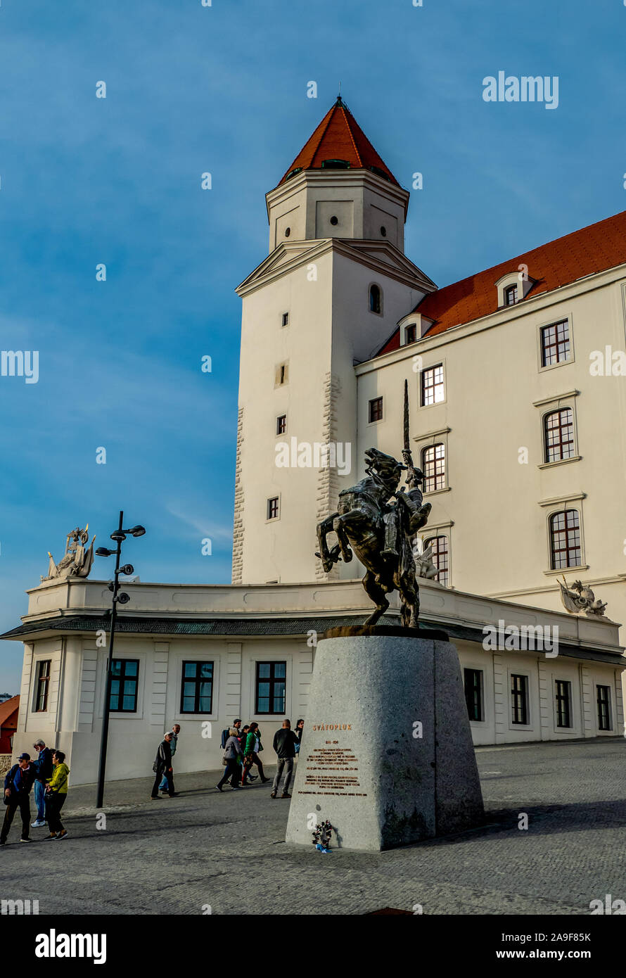 A view of a tower of Bratislava Castle on the hilltop of Bratislava, Slovakia Stock Photo