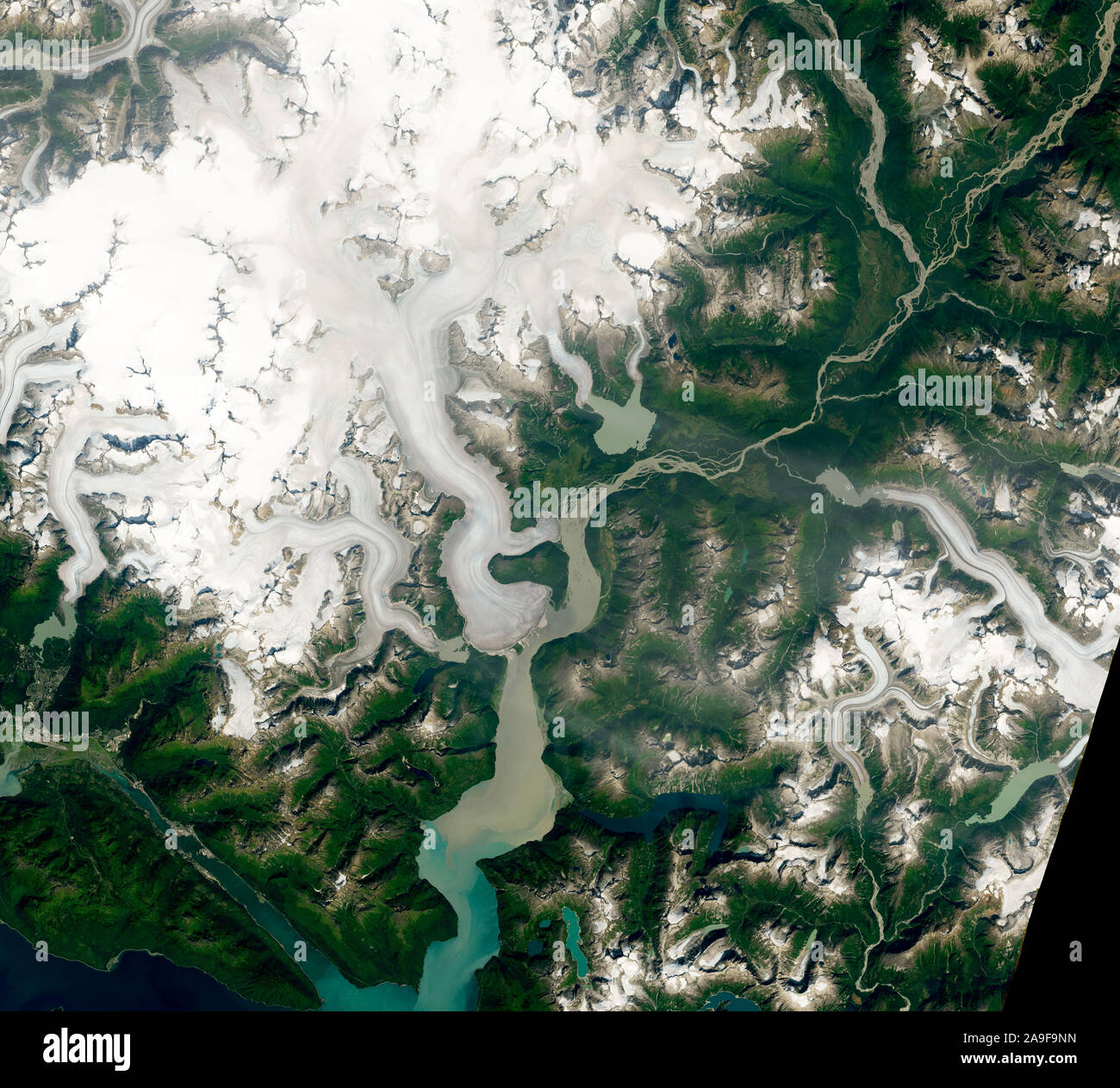 NASA satellite image of Earth from Space, Taku glacier retreating ice cap, Alaska, USA, North America Stock Photo