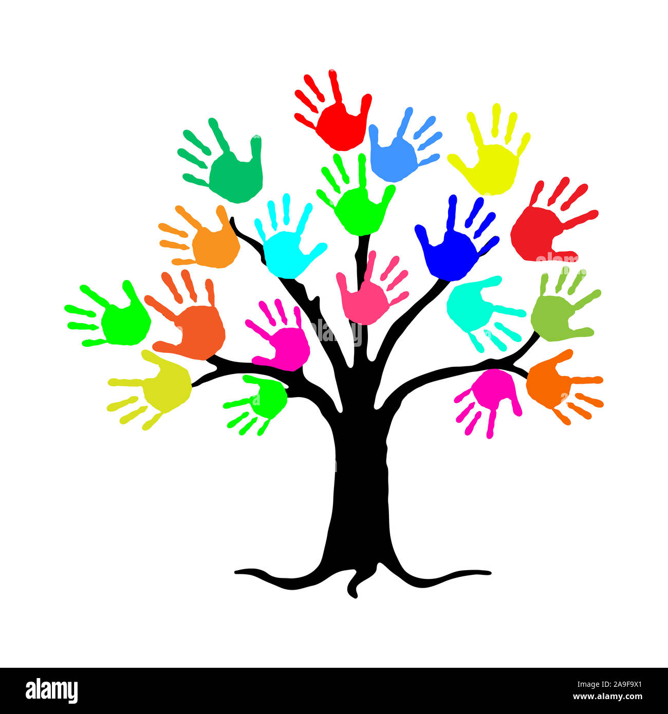 Many colorful hands on a tree Stock Photo