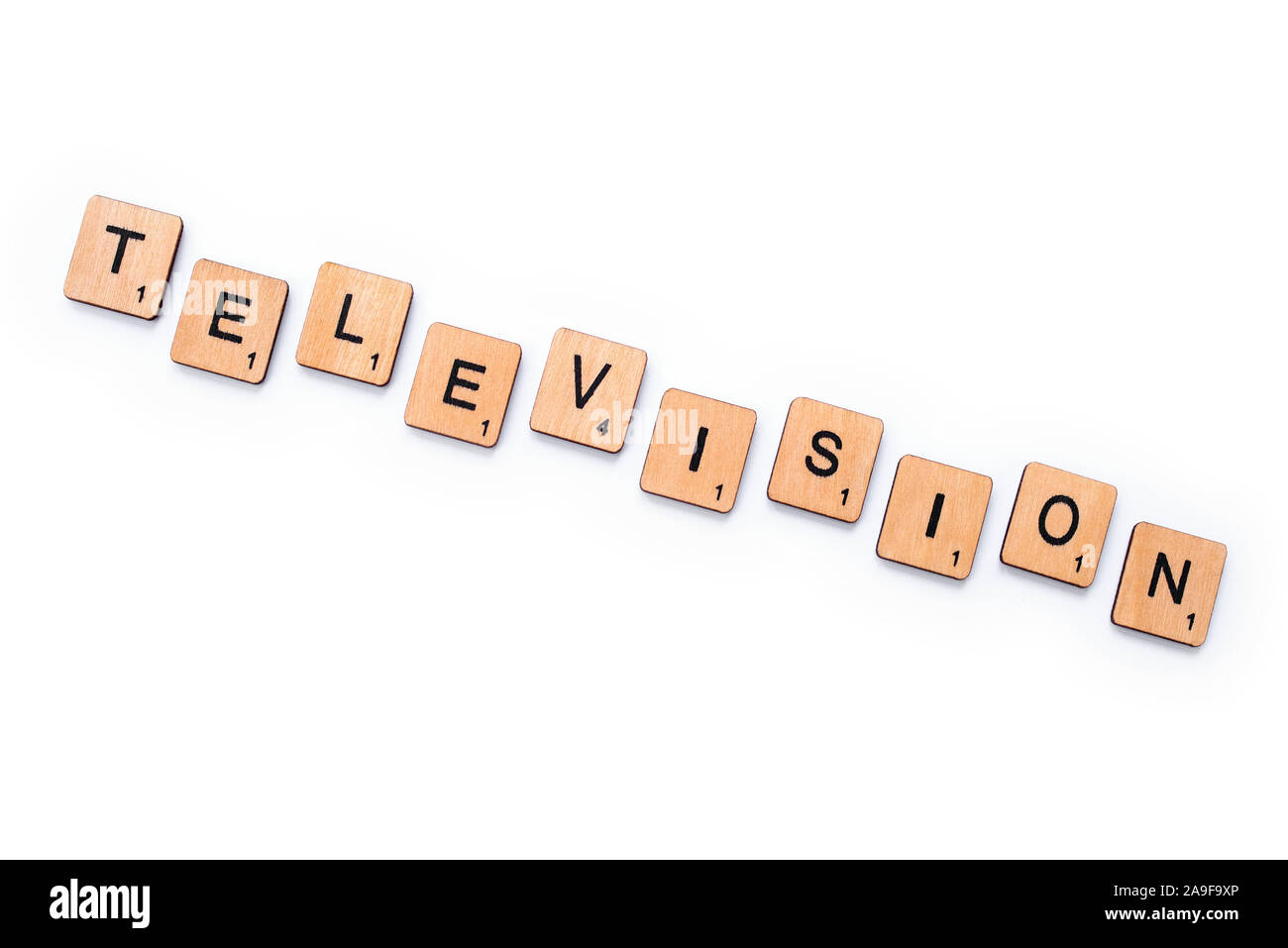 London UK June 12th 2019 The Word Television Spelt With Wooden world-television-day-the-etymology-of-television