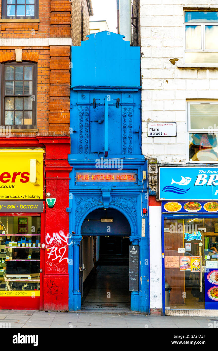 Blue facade of The Old Ship Hackney, Mare Street, Hackney, London, UK Stock Photo