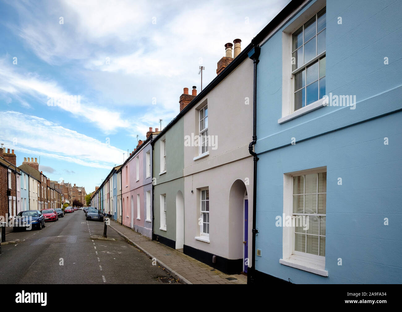 Pastel painted terraced houses on Observatory Street in the district of