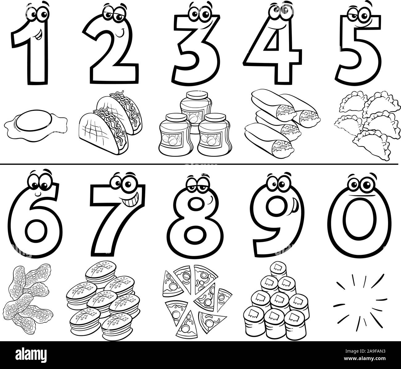 Black and White Cartoon Illustration of Educational Numbers Collection from One to Nine with Food Objects Coloring Book Stock Vector