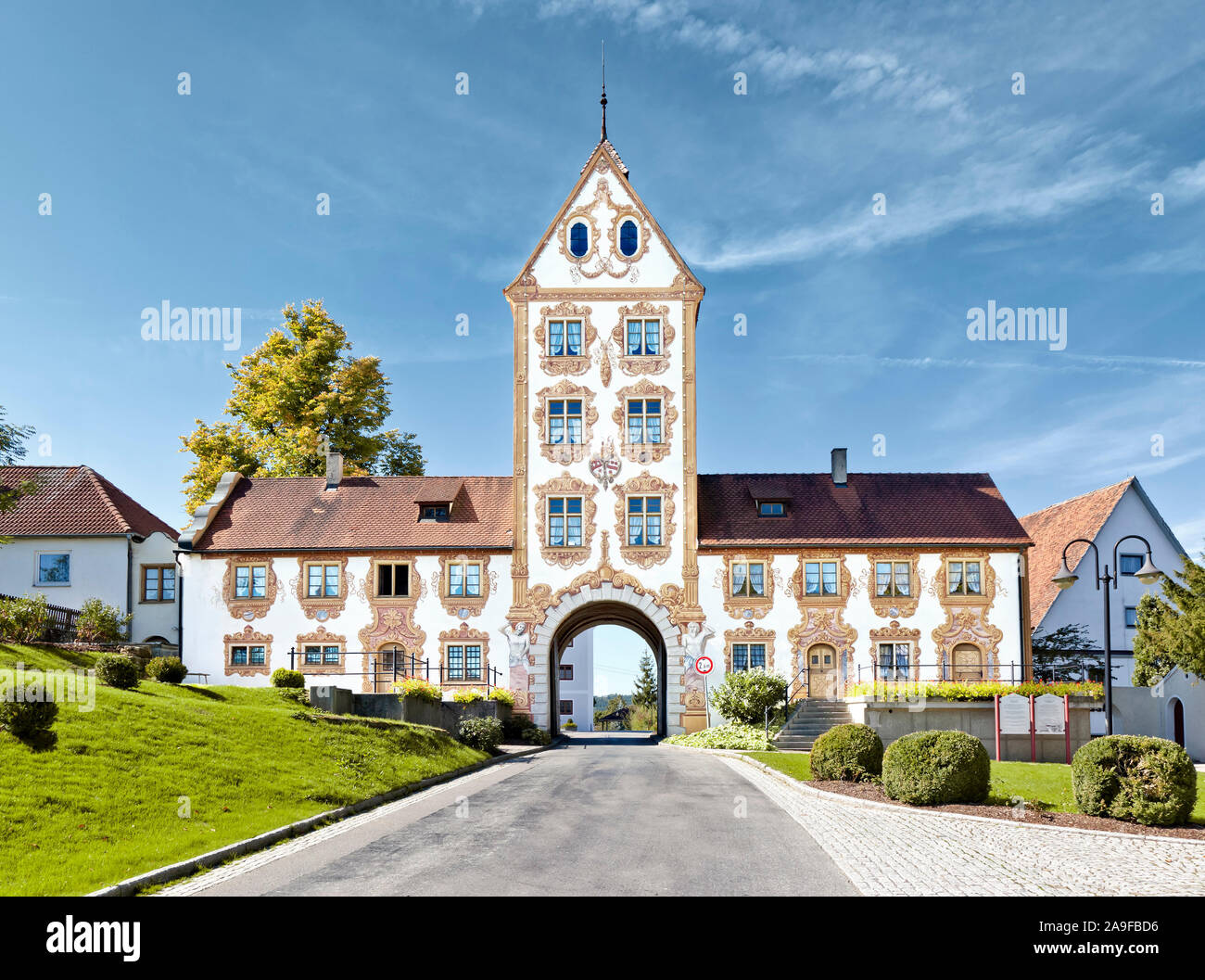 An image of a beautiful painted building in 'Rot an der Rot' Stock Photo