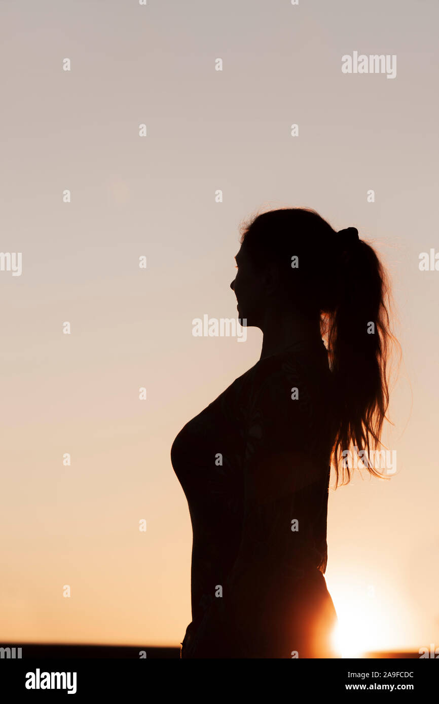 Profile of a Sad Young Woman Silhouette in Swimsuit Stock Image