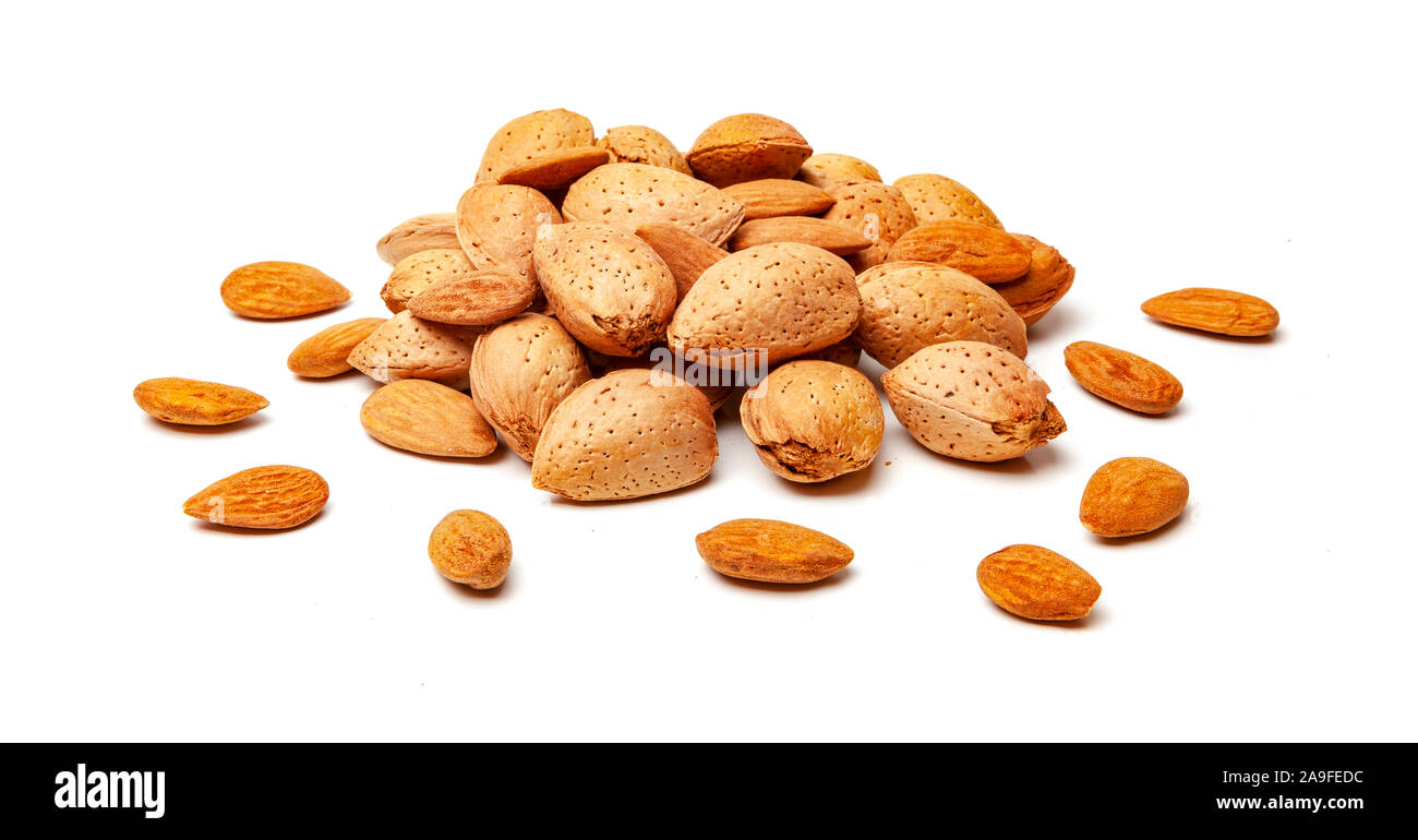 Almonds in the shell isolated on white background Stock Photo Alamy