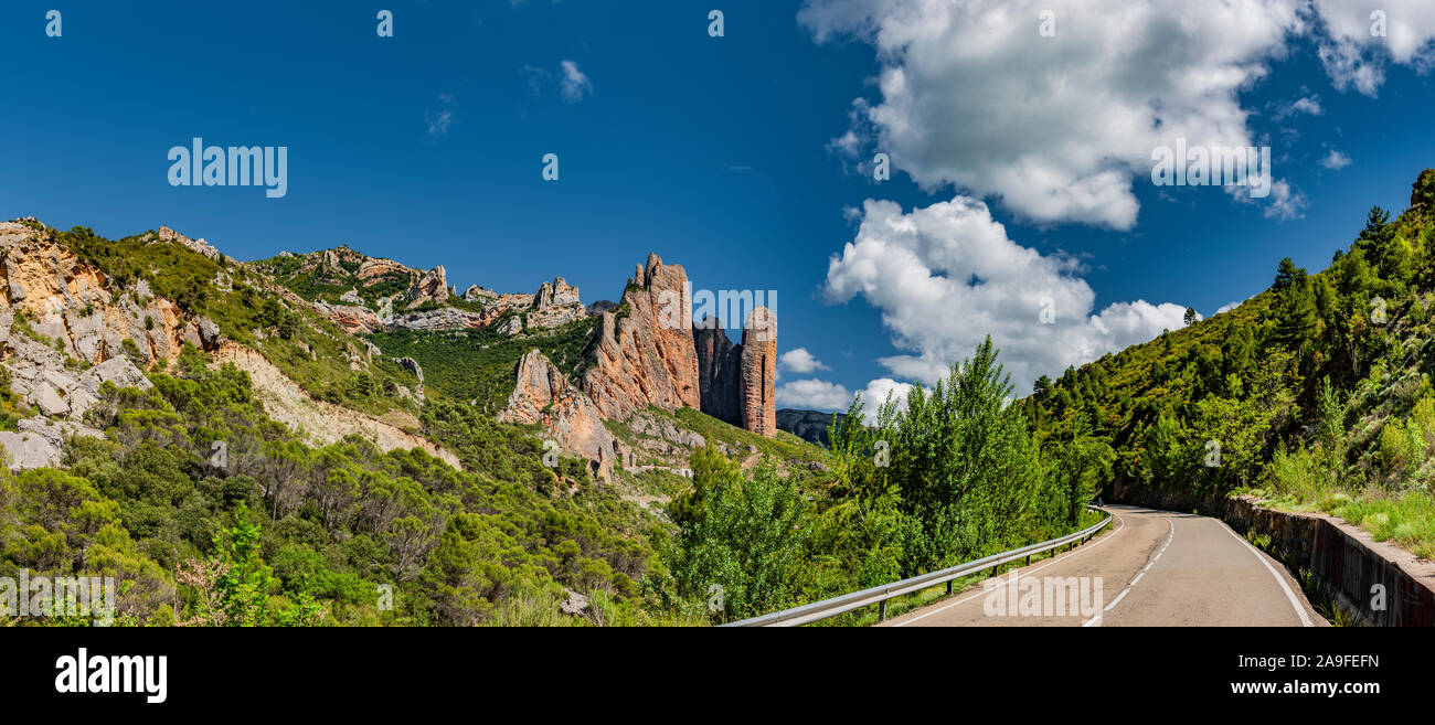 Los Mallos de Riglos rocks at Husesca in northern Spain. Panorama Stock Photo
