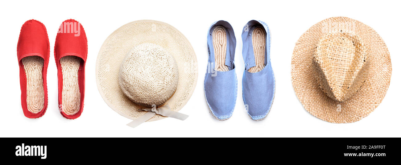 Blue and red linen shoes and straw hats in retro style Stock Photo