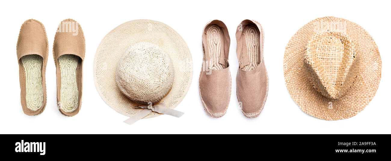 Linen shoes and straw hats in retro style Stock Photo