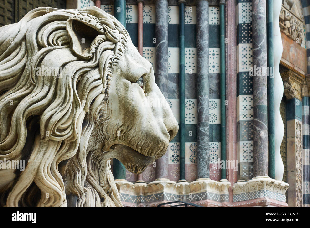 Marble lion's head  - Statue at the entrance of The San Lorenzo Cathedral in Genoa (Genova), Italy. Space for text Stock Photo
