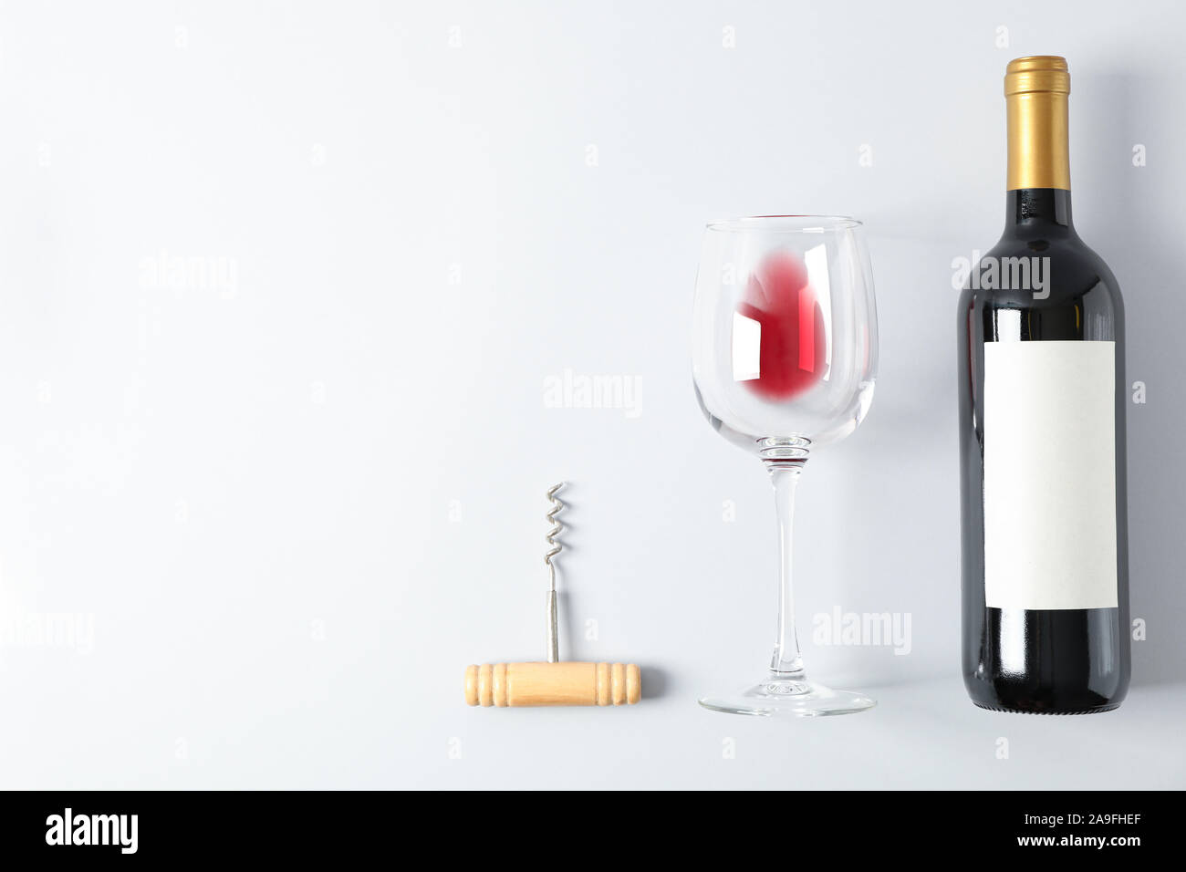 Download Flat Lay Composition With Corkscrew Bottle And Glass With Wine Copy Space Stock Photo Alamy
